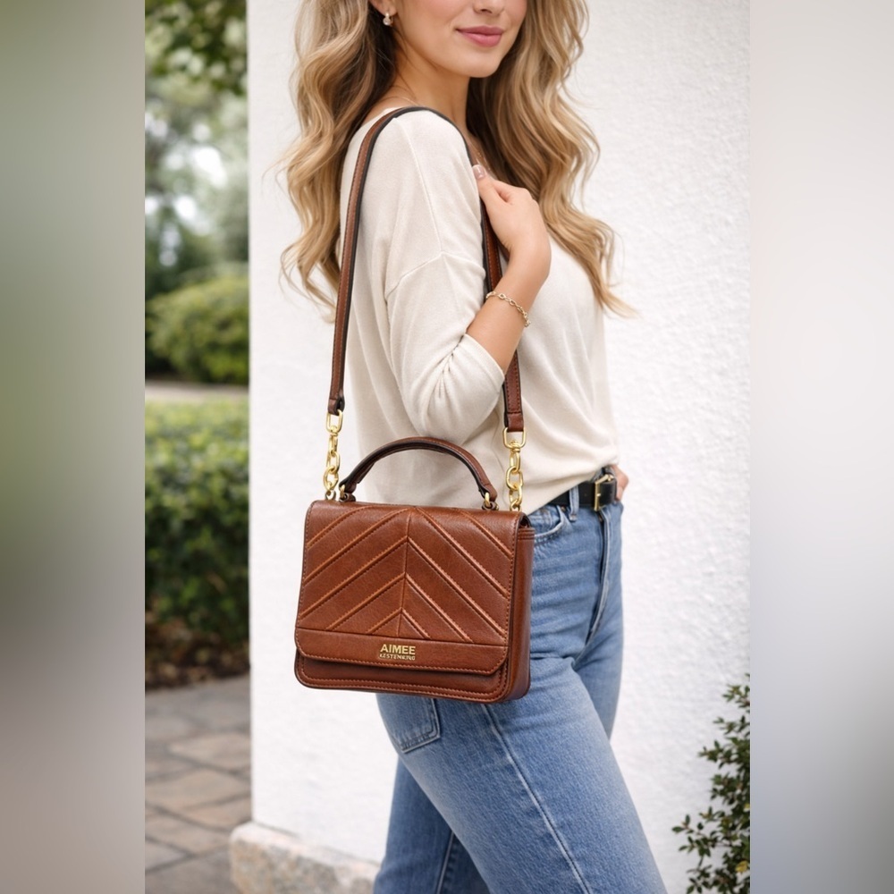 Aimee Kestenberg Quilted Leather Crossbody Tan Gold Chain Top Handle Bag